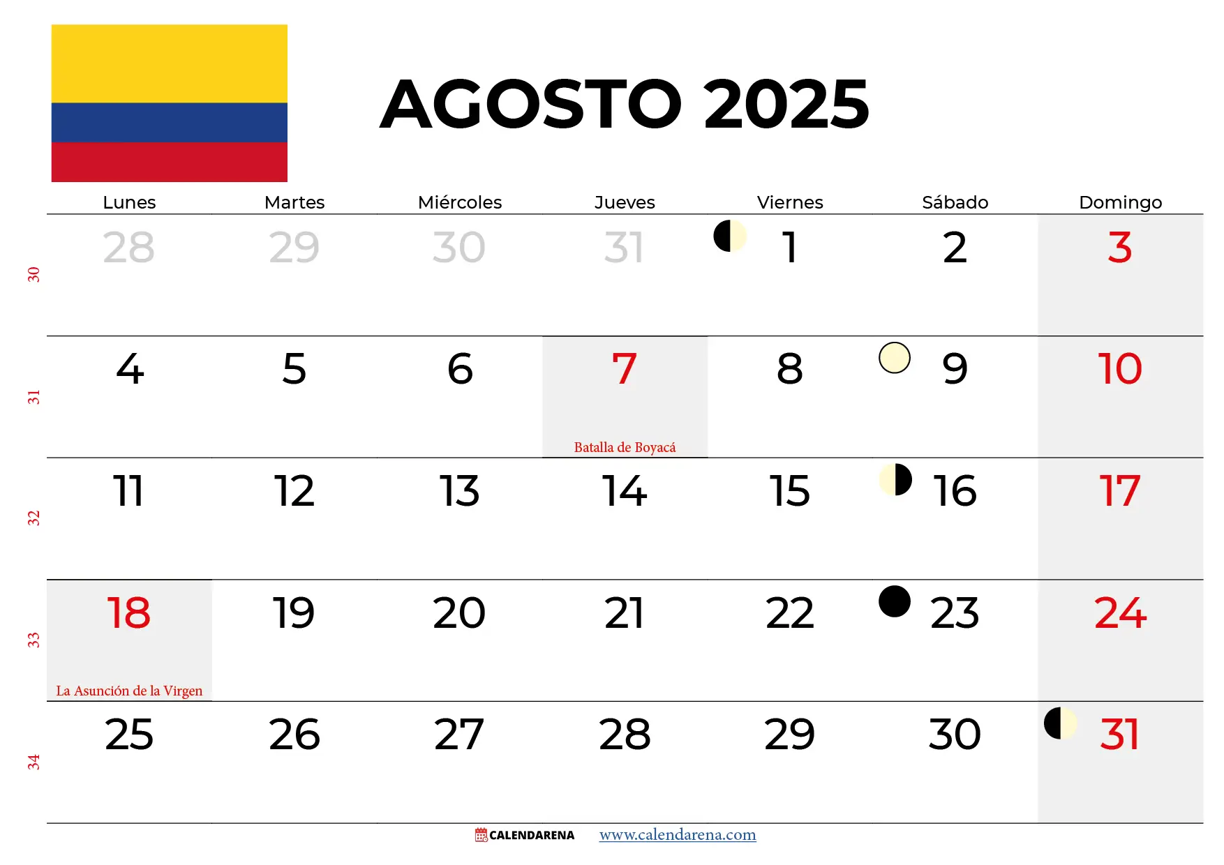 Calendario Agosto 2025 Colombia