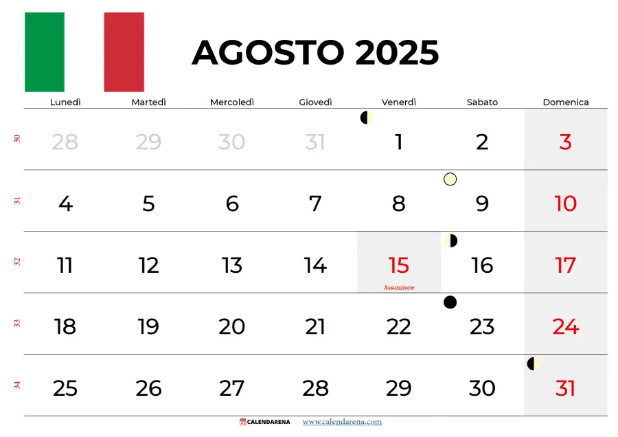 Calendario Agosto 2025 Da Stampare