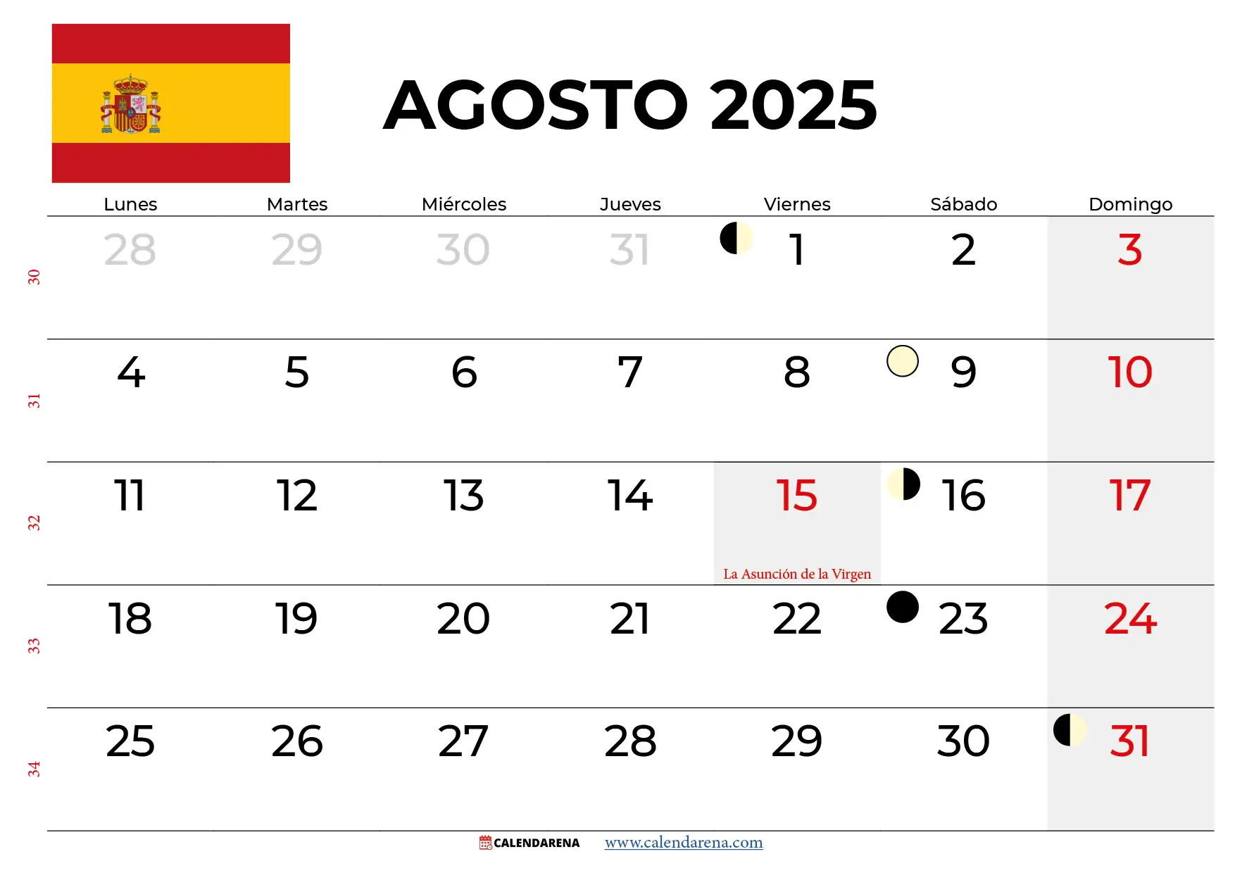 Calendario Agosto 2025 España