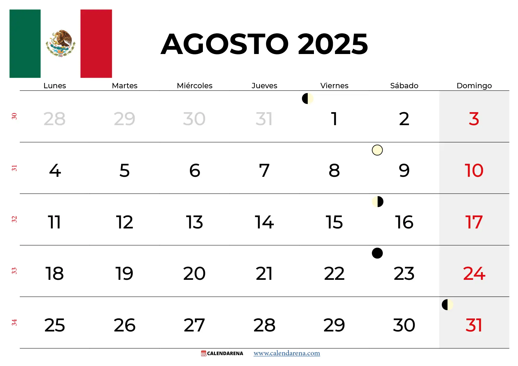 Calendario Agosto 2025 Mexico