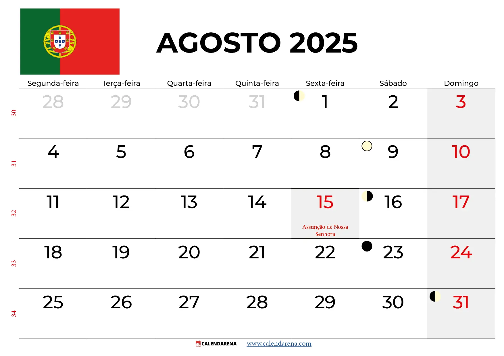 Calendário Agosto 2025 Portugal