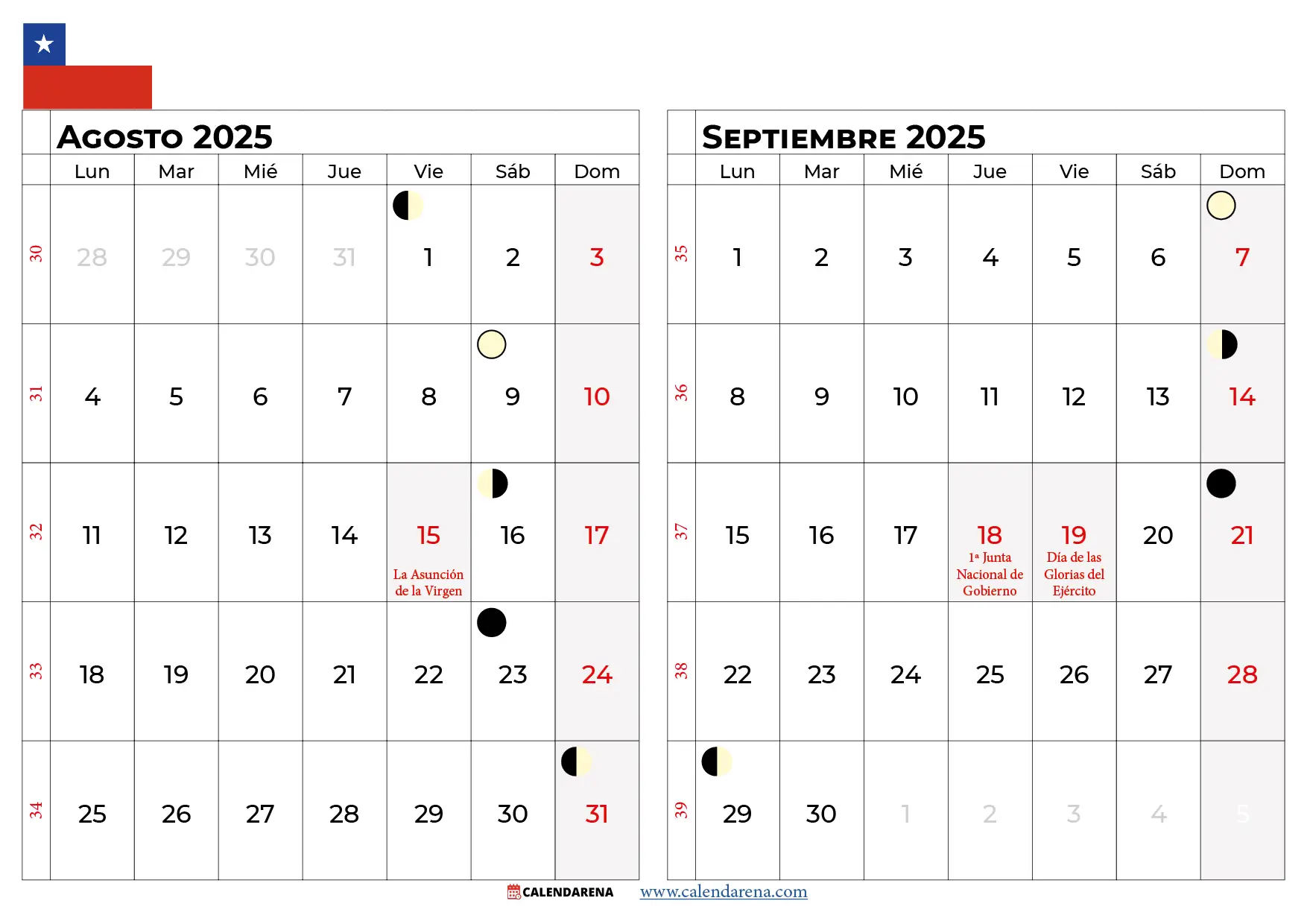 Calendario Agosto Septiembre 2025 Chile