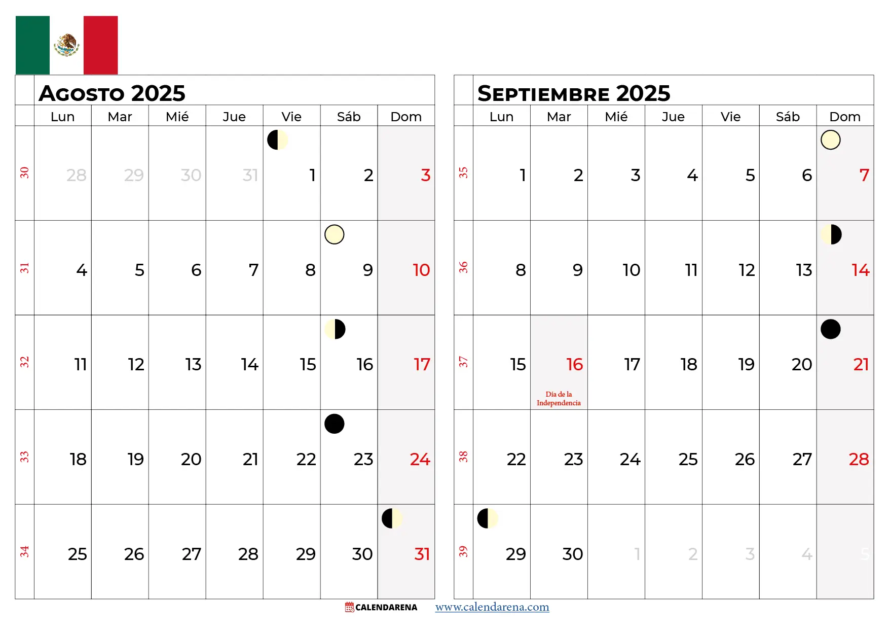 Calendario Agosto Septiembre 2025 Mexico