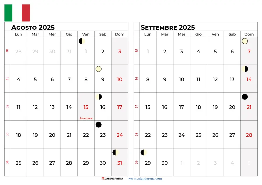 Calendario Agosto Settembre 2025