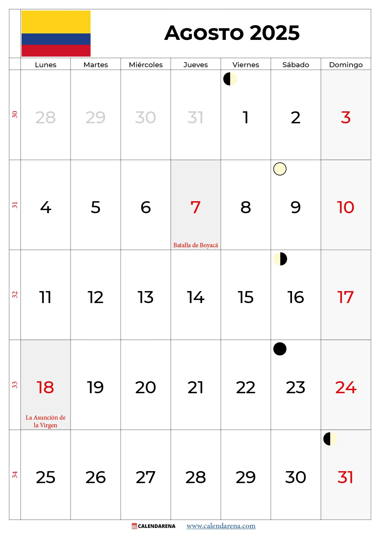 Calendario Colombia 2025 Agosto