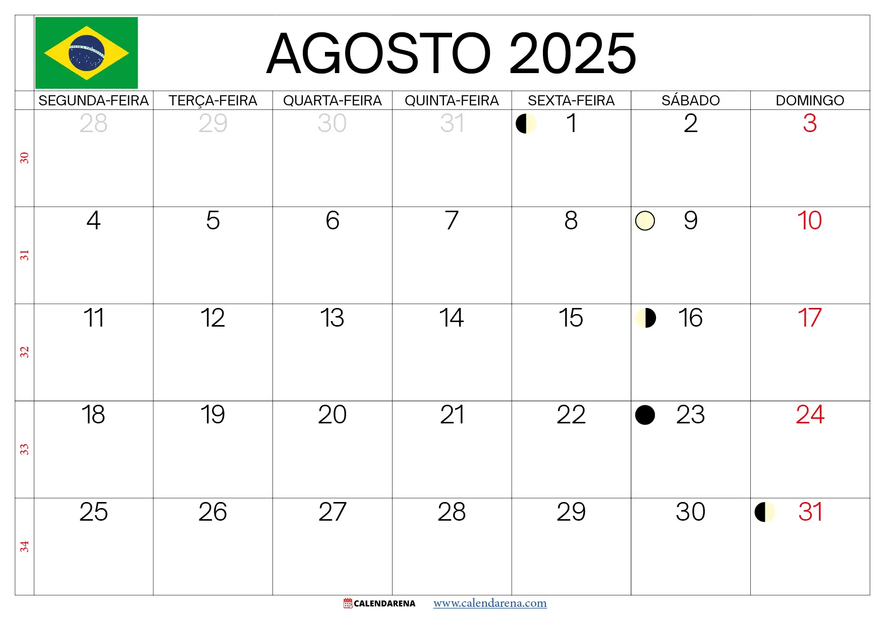 Calendário De Agosto De 2025 Brasil