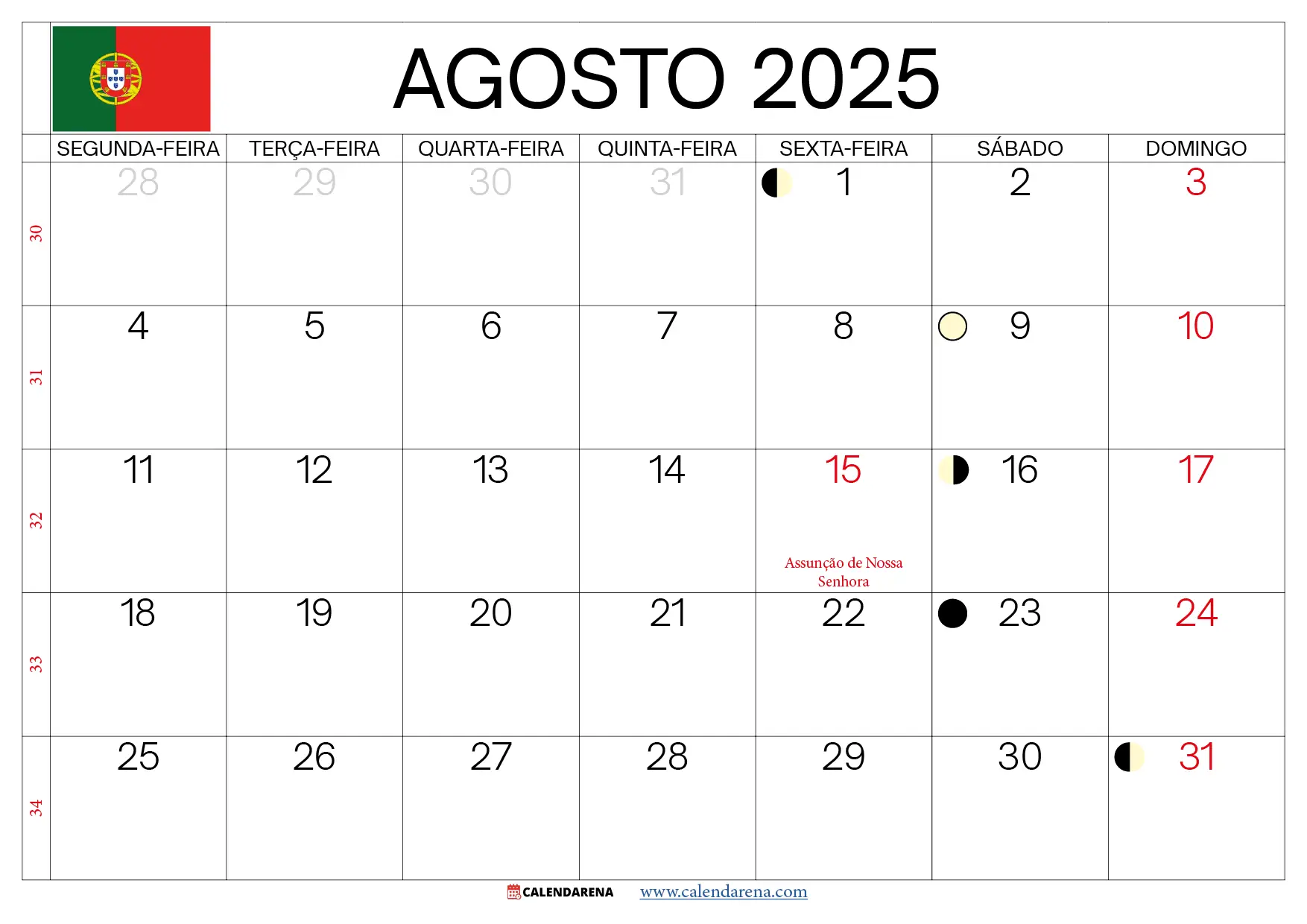 Calendário De Agosto De 2025 Portugal