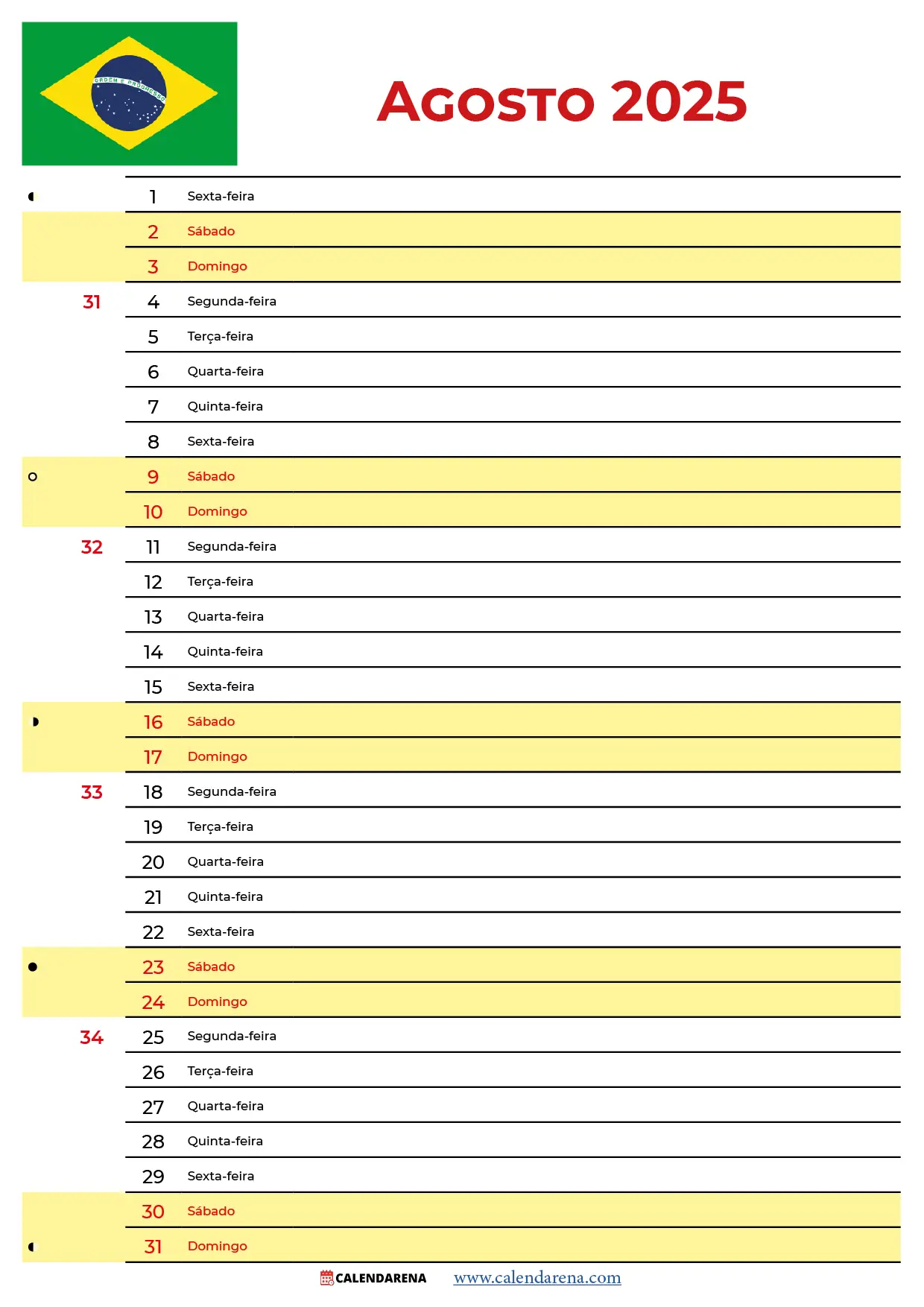 Calendário Do Mês De Agosto De 2025 Brasil