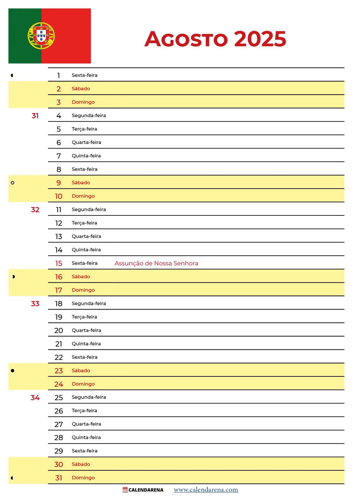 Calendário Do Mês De Agosto De 2025 Portugal