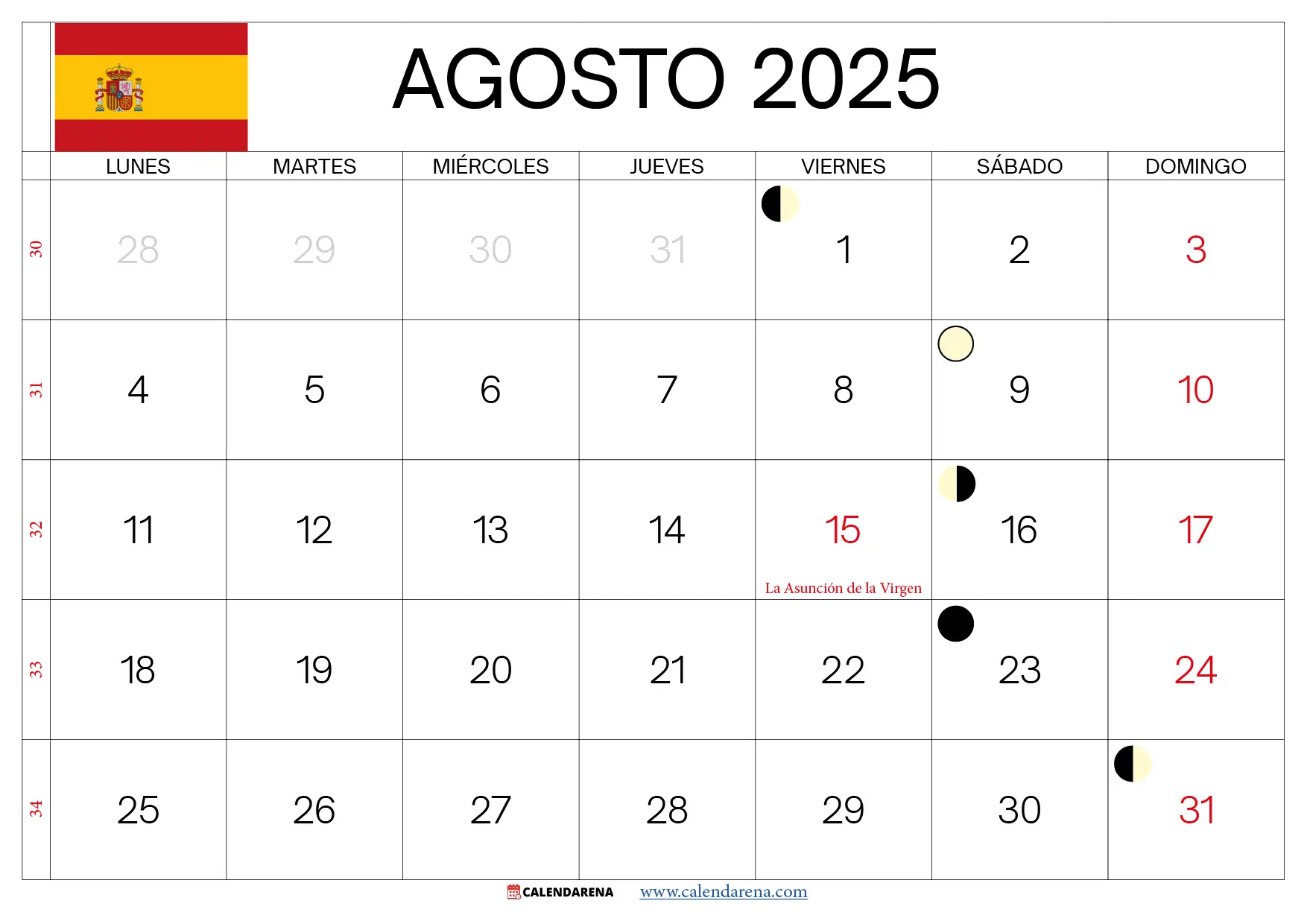 Calendario Lunar Agosto 2025 España