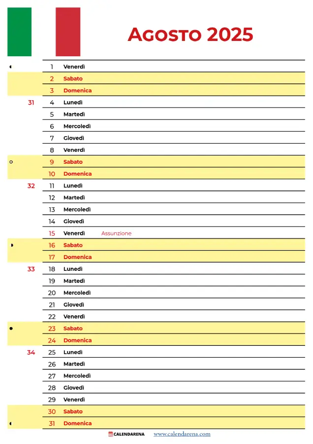 Calendario Mese Di Agosto 2025