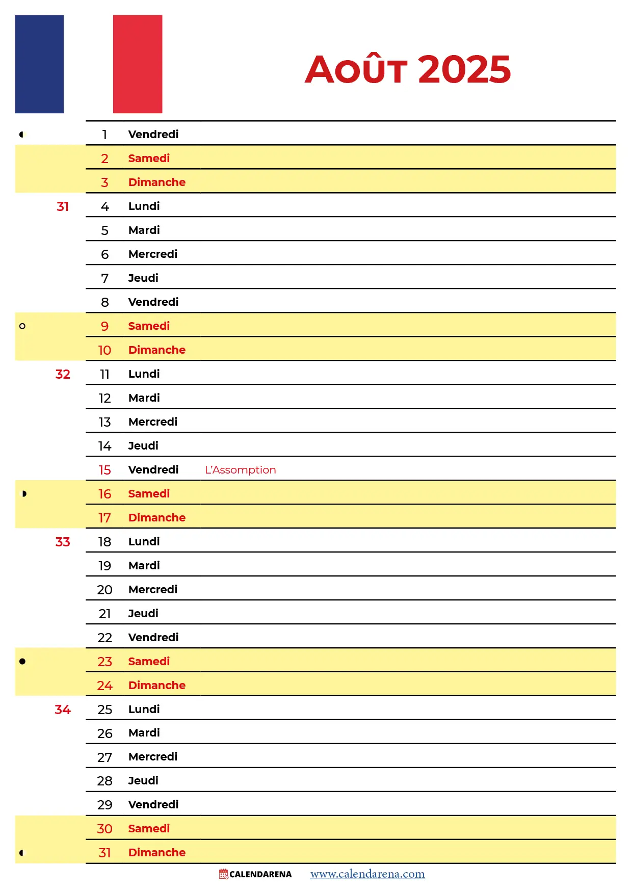 Calendrier 2025 Aout