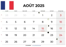 Calendrier Aout 2025 À Imprimer