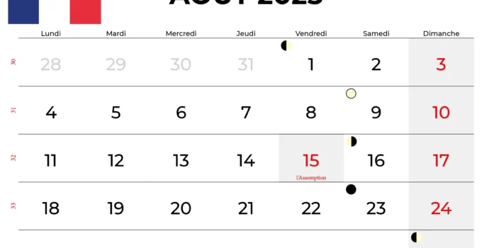 Calendrier Aout 2025 À Imprimer