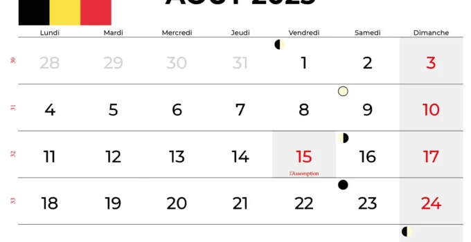 Calendrier Aout 2025 À Imprimer Belgique