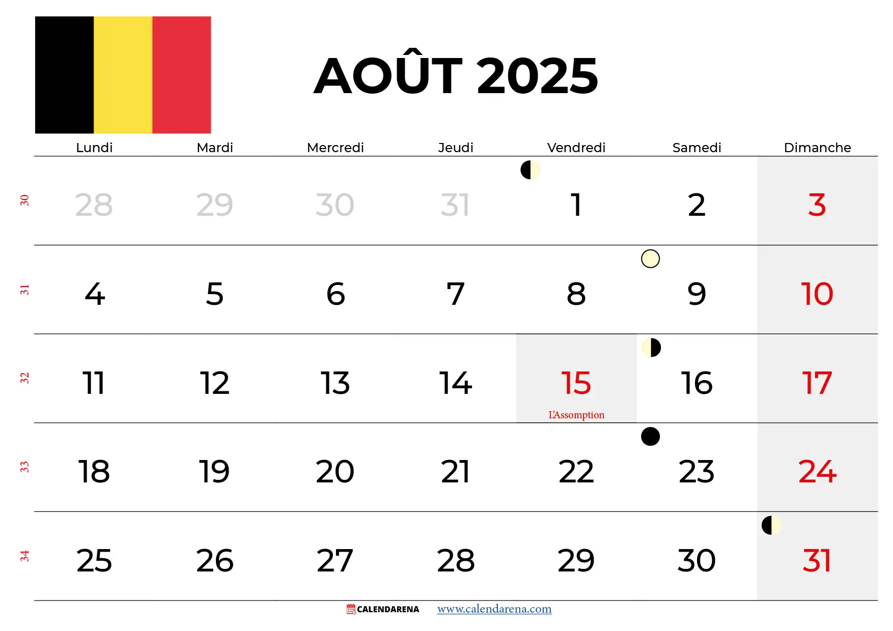 Calendrier Aout 2025 À Imprimer Belgique