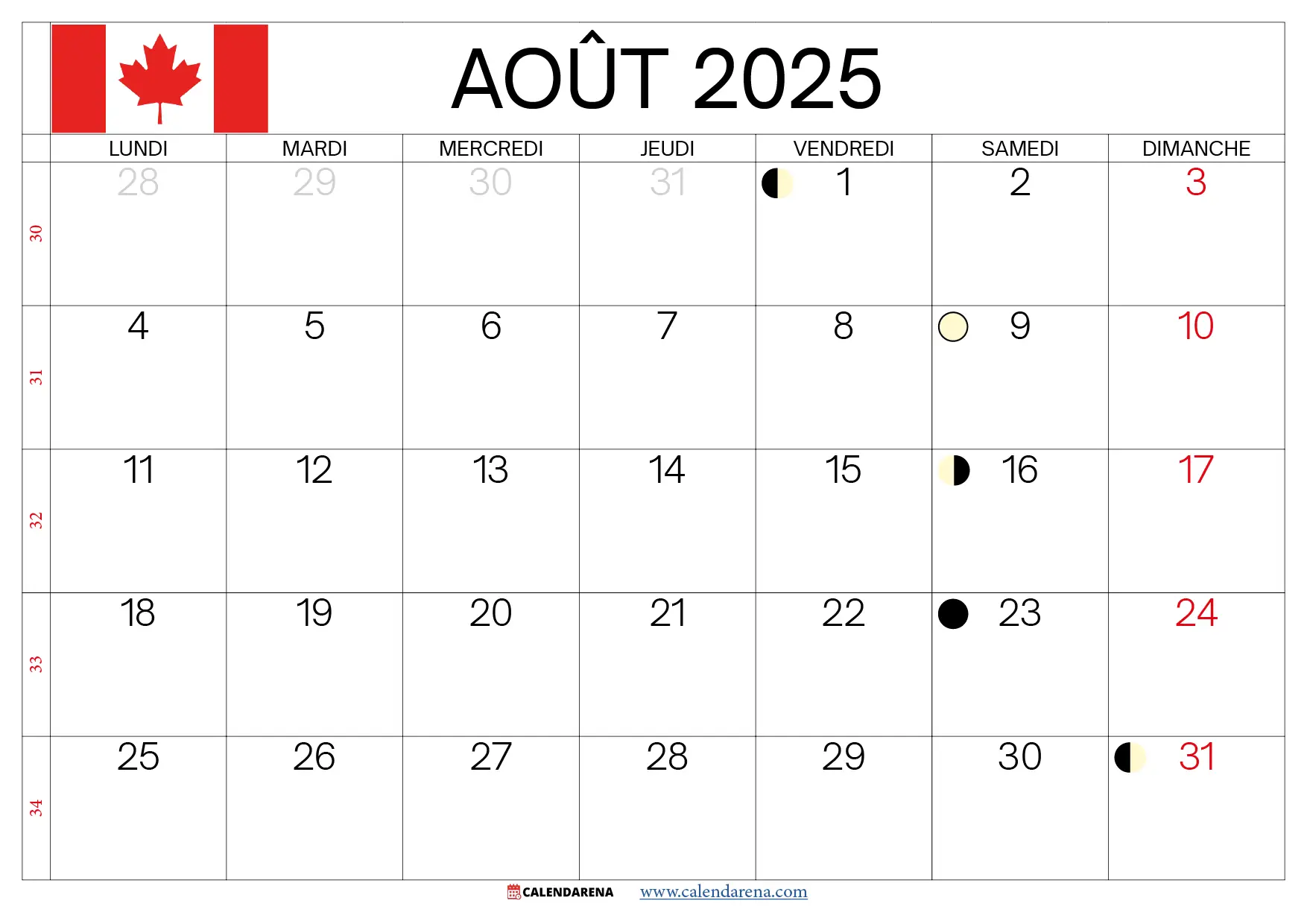 Calendrier Aout 2025 À Imprimer Quebec