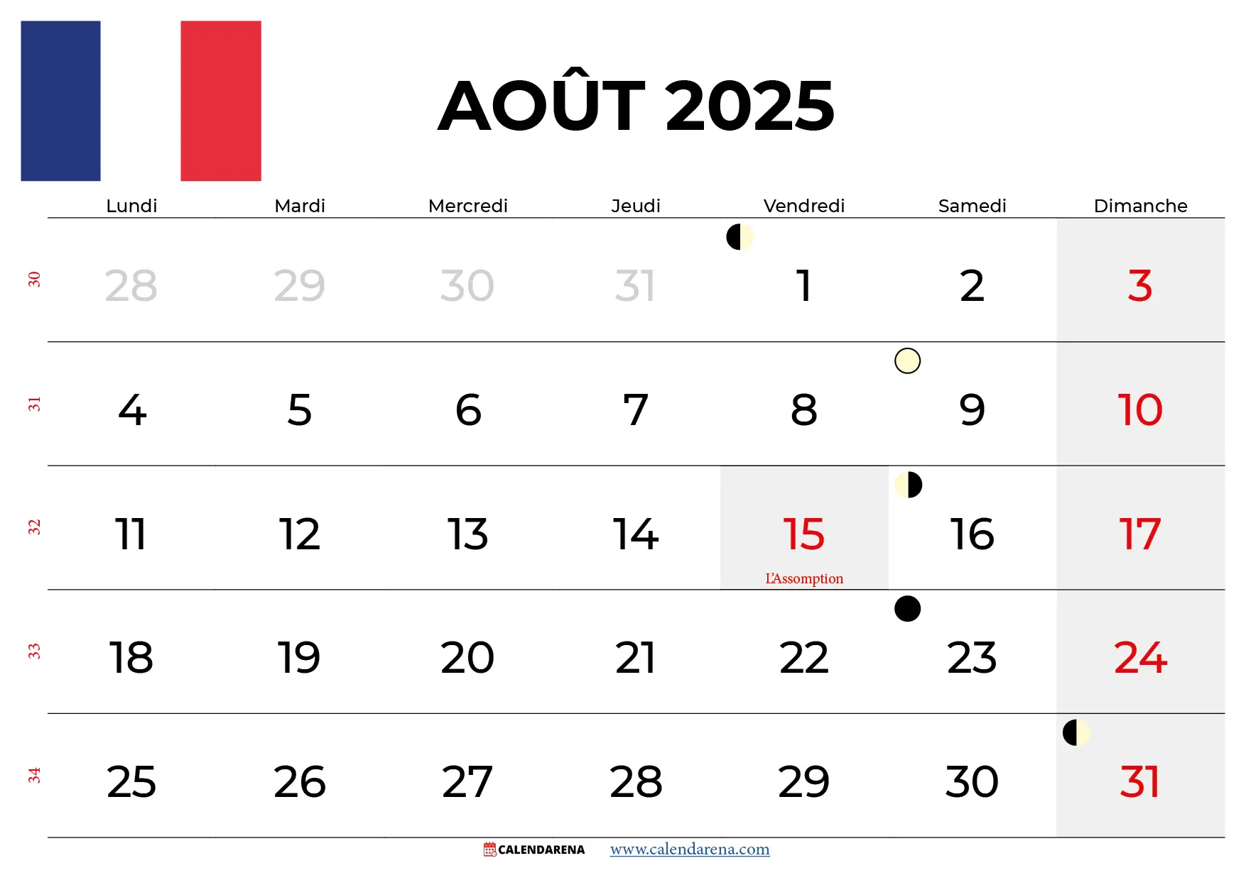 Calendrier Aout 2025 À Imprimer