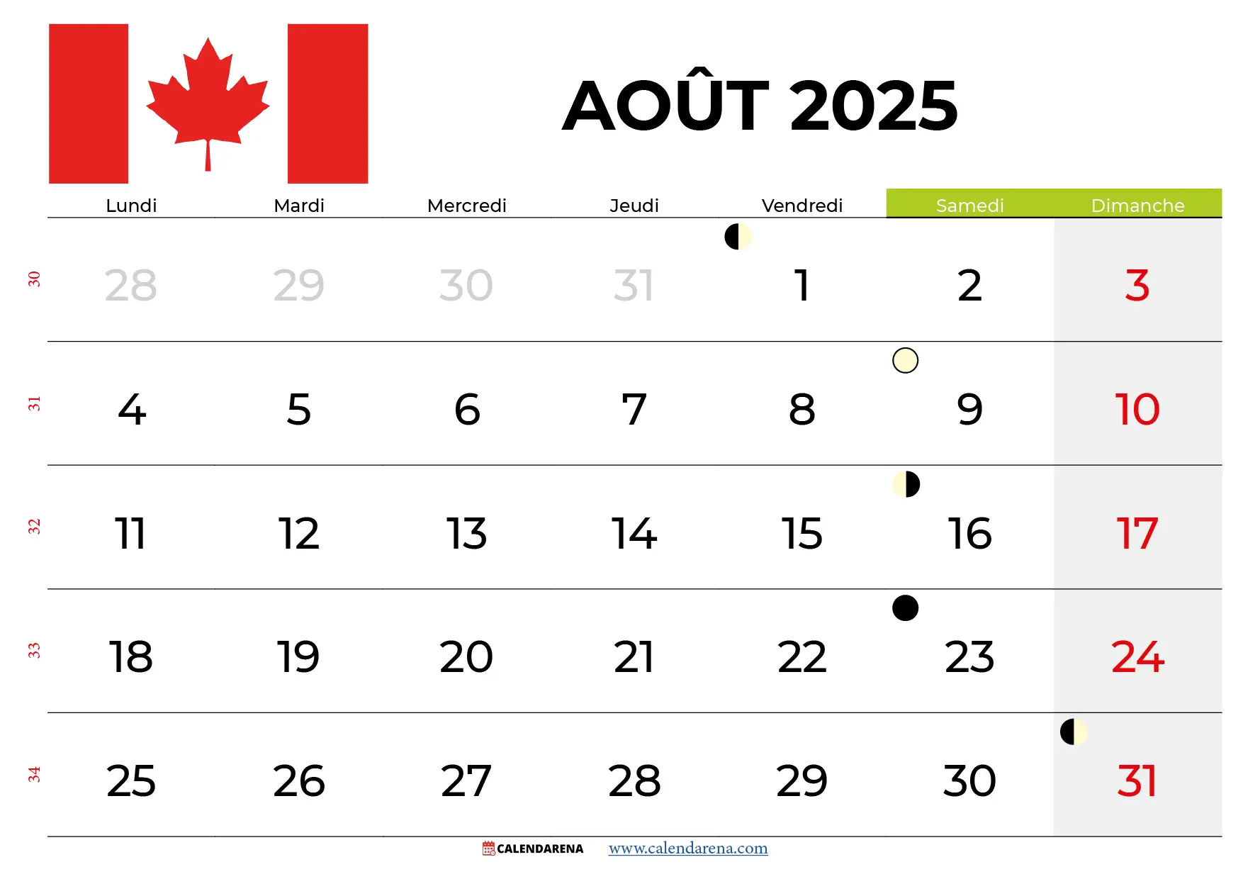 Calendrier Aout 2025 Quebec