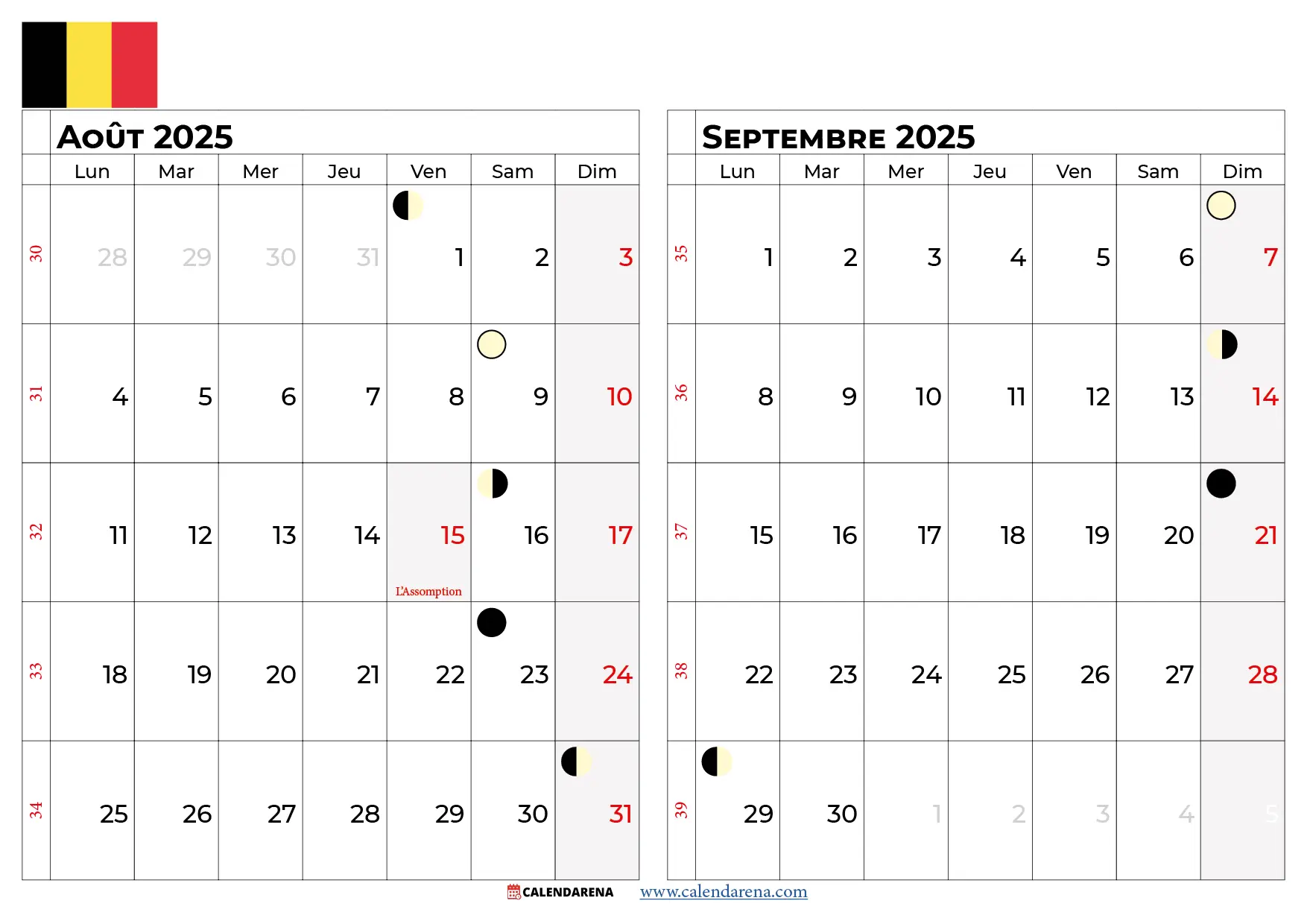 Calendrier Aout Septembre 2025 Belgique