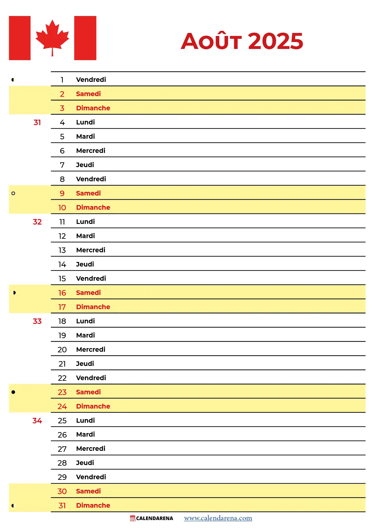 Calendrier Mois Aout 2025 Quebec