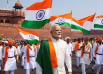 A vibrant image of India's Independence Day celebrations, with the Prime Minister hoisting the flag at the Red Fort.