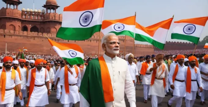 A vibrant image of India's Independence Day celebrations, with the Prime Minister hoisting the flag at the Red Fort.