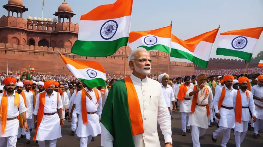 A vibrant image of India's Independence Day celebrations, with the Prime Minister hoisting the flag at the Red Fort.