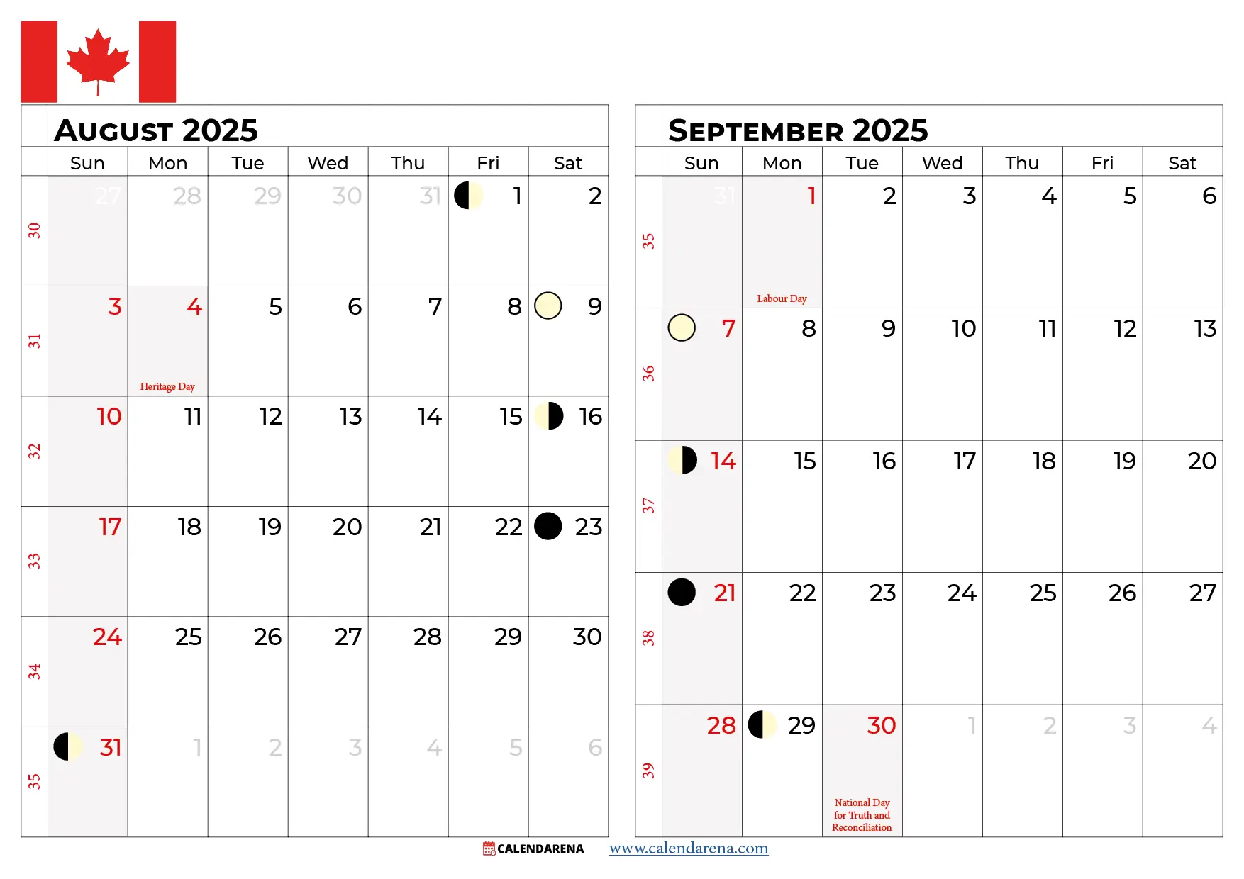 August September 2025 Calendar Canada