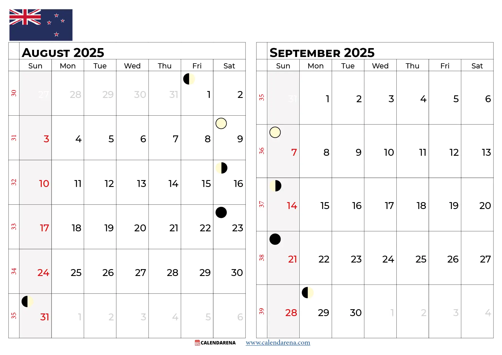 August september 2025 Calendar Nz