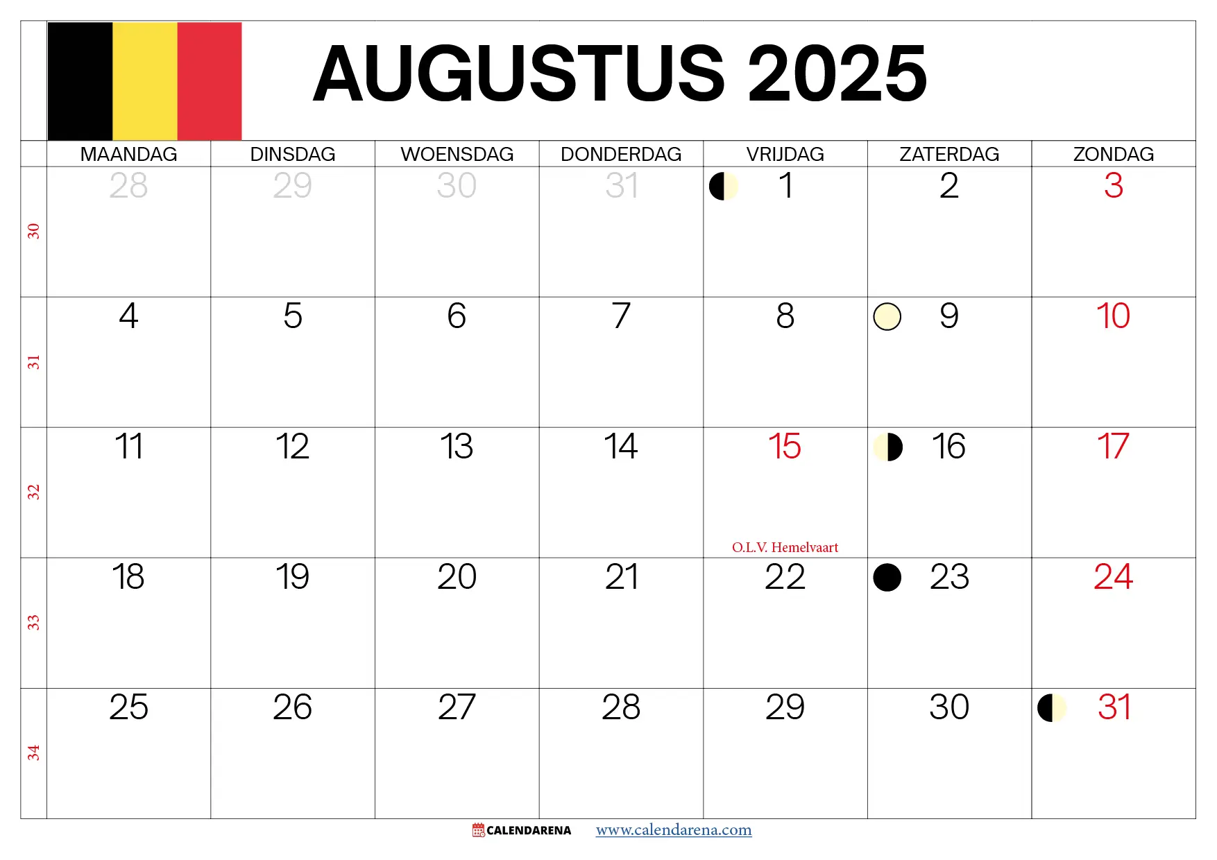 Kalender 2025 Augustus België