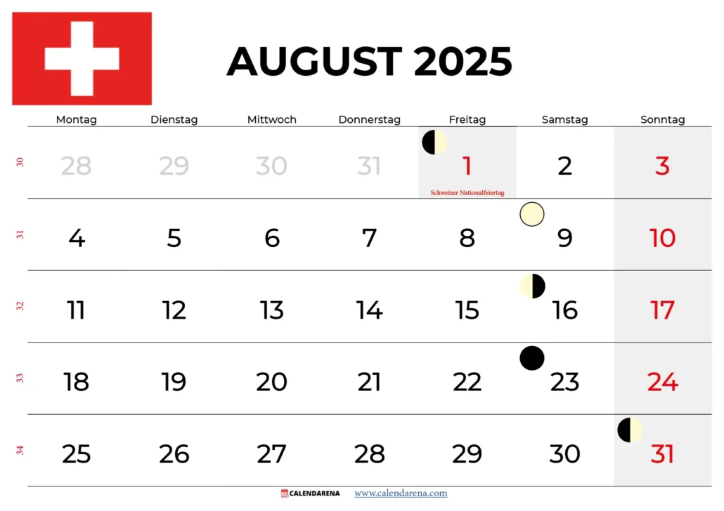Kalender August 2025 Zum Ausdrucken Schweiz