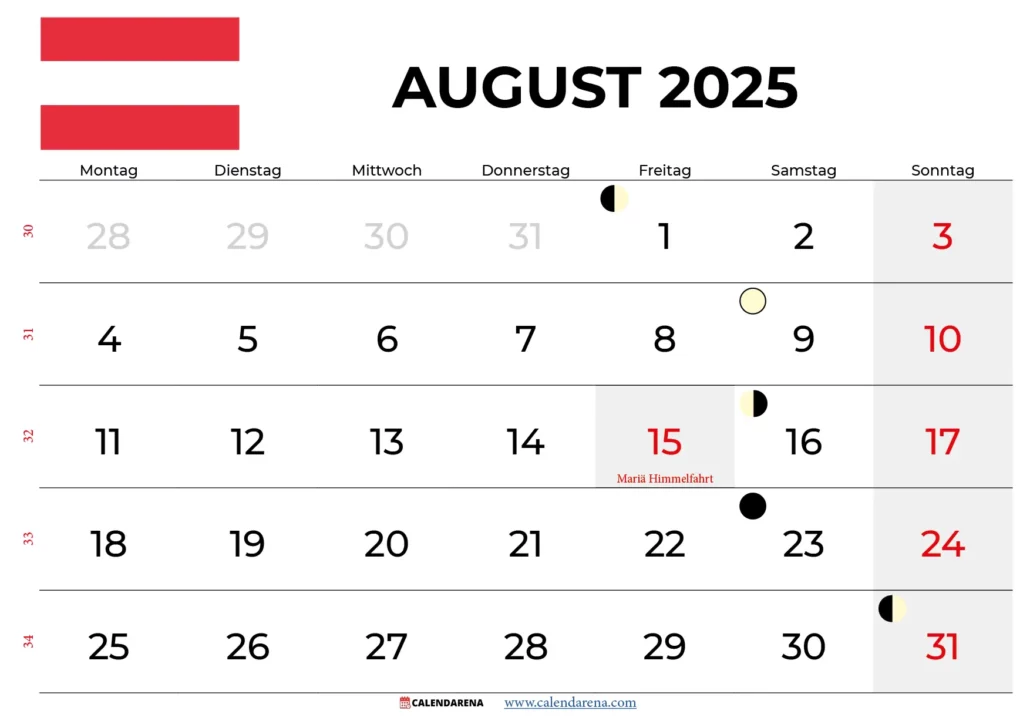 Kalender August 2025 Zum Ausdrucken österreich