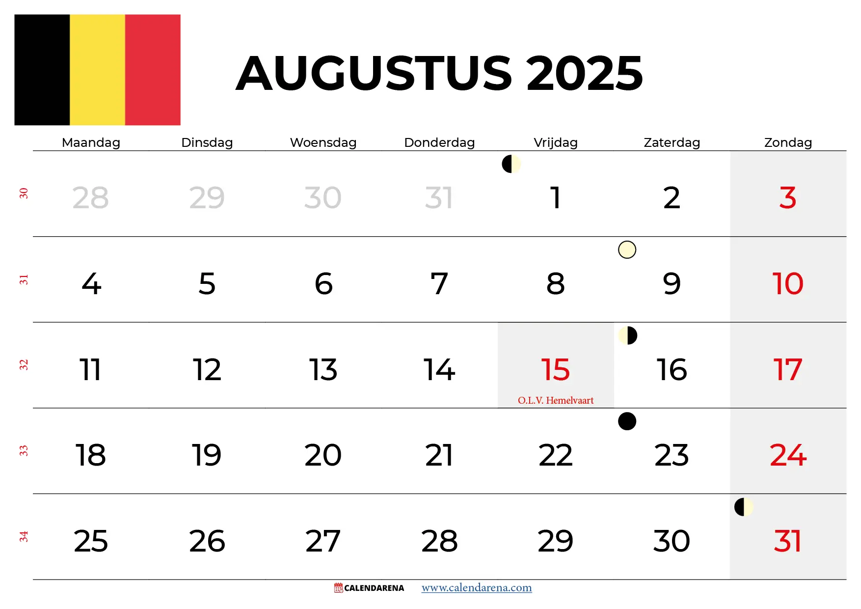 Kalender Augustus 2025 België