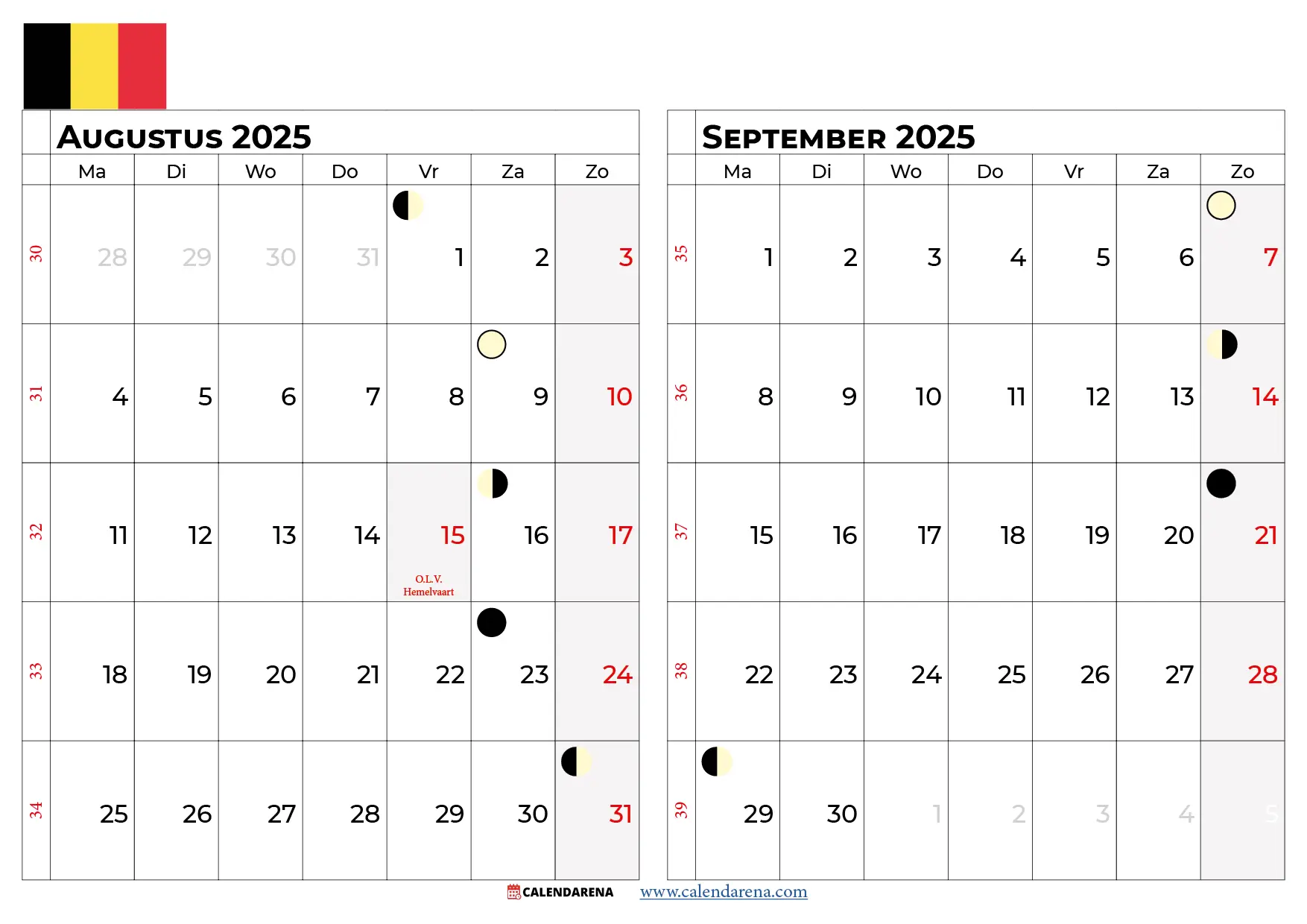 Kalender Augustus September 2025 België