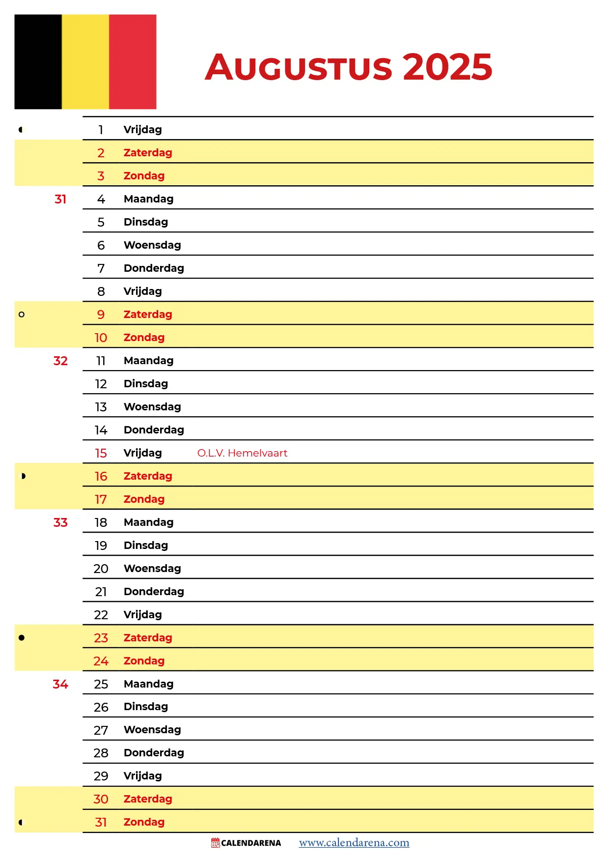 Maandkalender Augustus 2025 België