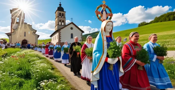 ymbolische Darstellung von Mariä Himmelfahrt mit Kräutern und religiösen Ritualen.