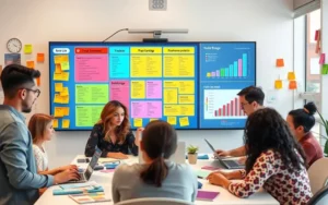 A vibrant, organized workspace featuring a large digital screen displaying colorful task lists and progress charts, surrounded by diverse team members collaborating with sticky notes, laptops, and planners. The environment is bright and motivating, with visual elements representing tasks being completed and milestones achieved.