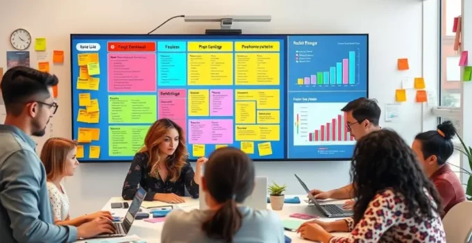 A vibrant, organized workspace featuring a large digital screen displaying colorful task lists and progress charts, surrounded by diverse team members collaborating with sticky notes, laptops, and planners. The environment is bright and motivating, with visual elements representing tasks being completed and milestones achieved.