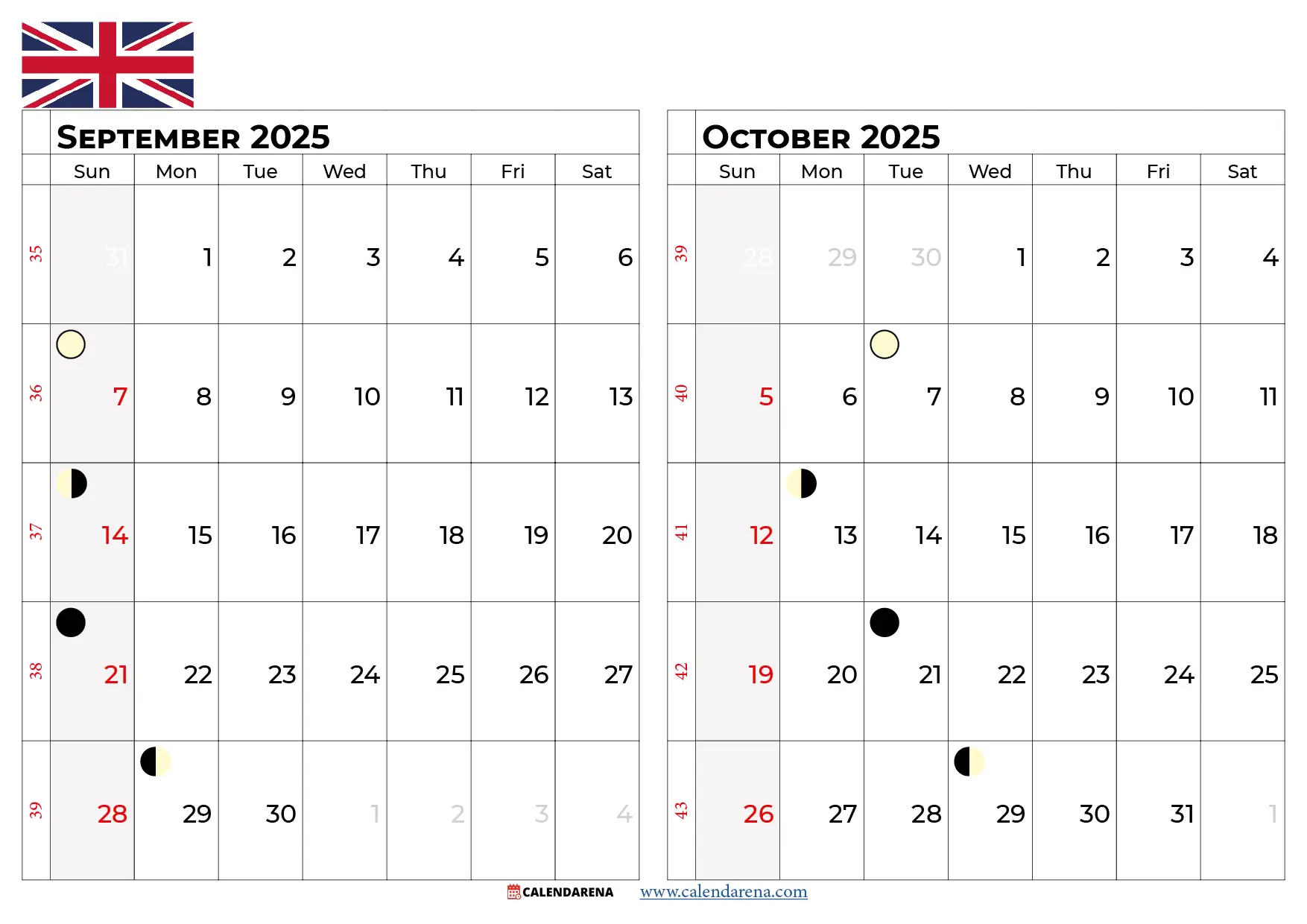 September october 2025 Calendar Uk