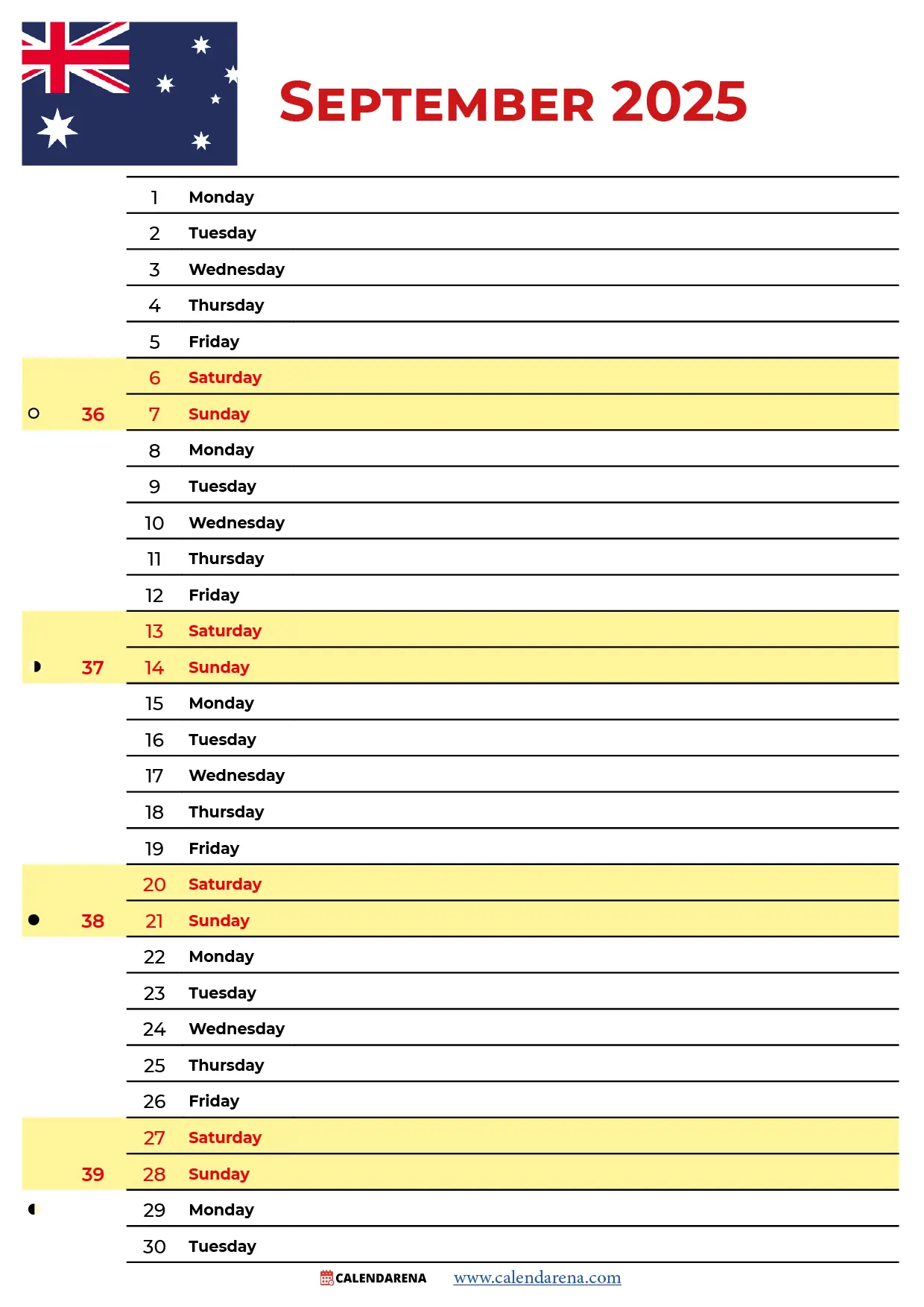 Calendar 2025 September Australia