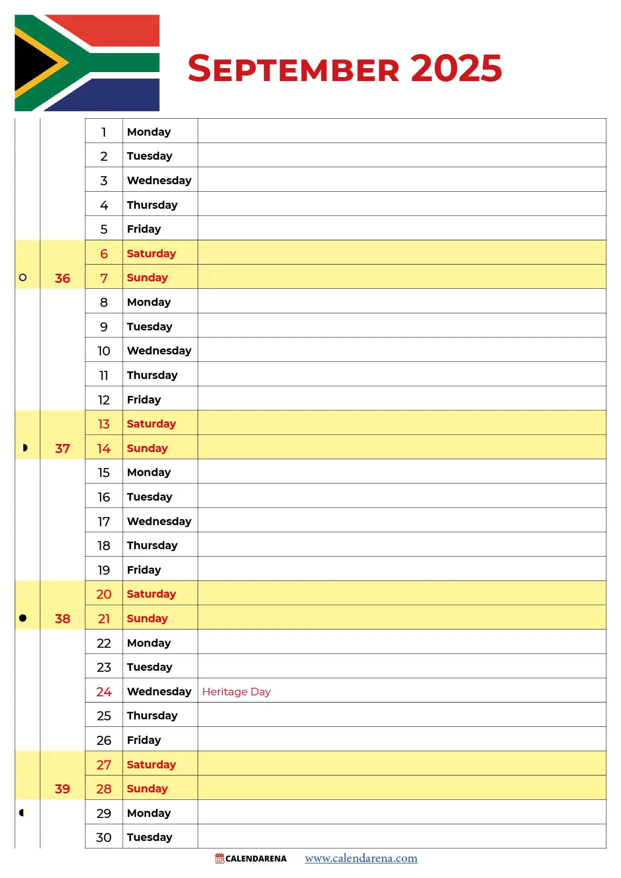 September 2025 Calendar South Africa