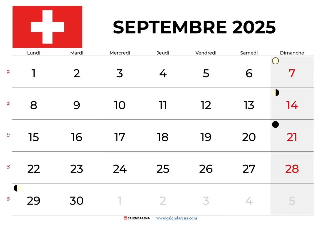 Calendrier Septembre 2025 Suisse