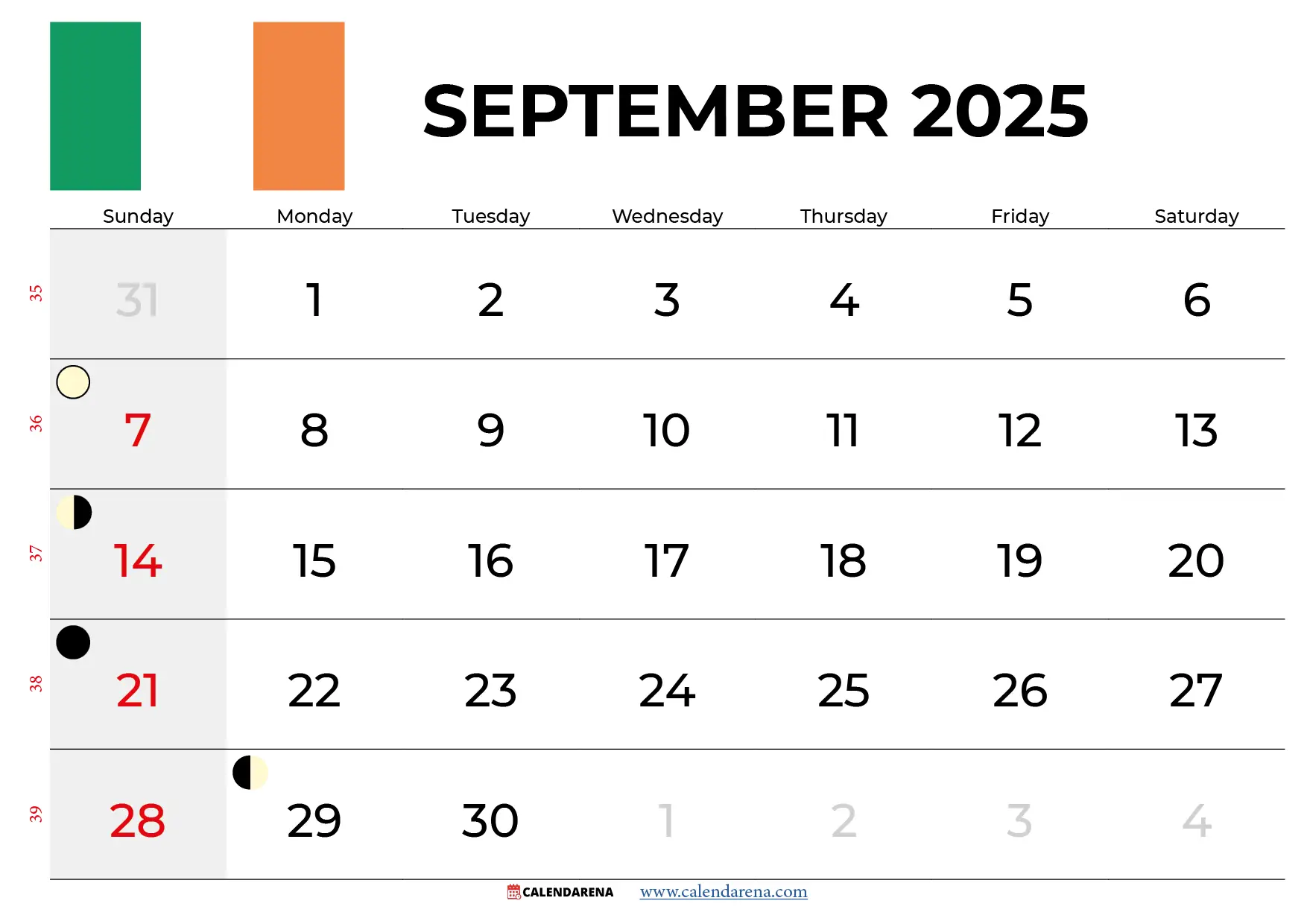 September Calendar 2025 Ireland