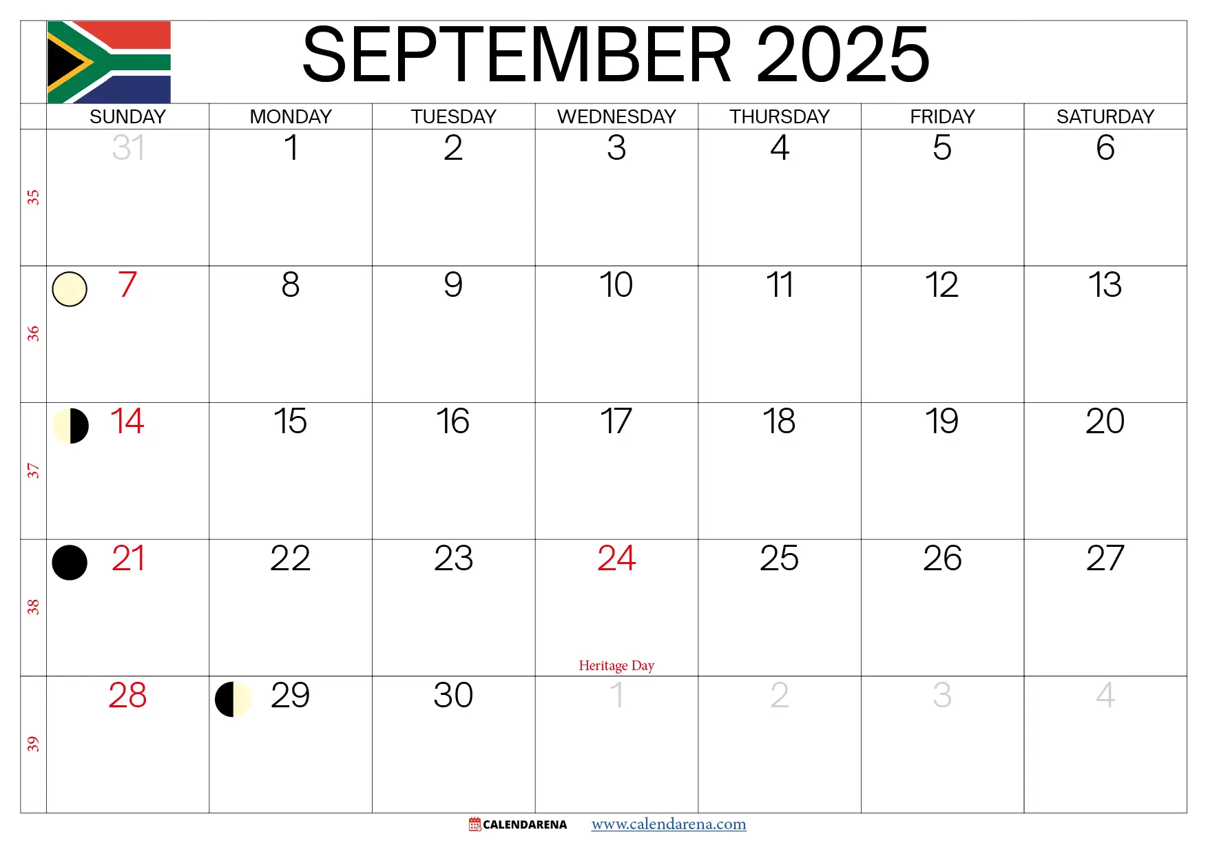 September Calendar 2025 South Africa