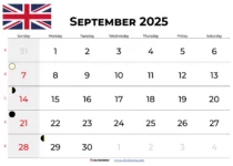 September Calendar 2025 Uk