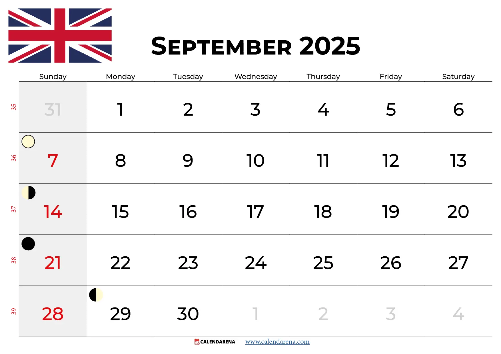 September Calendar 2025 Uk