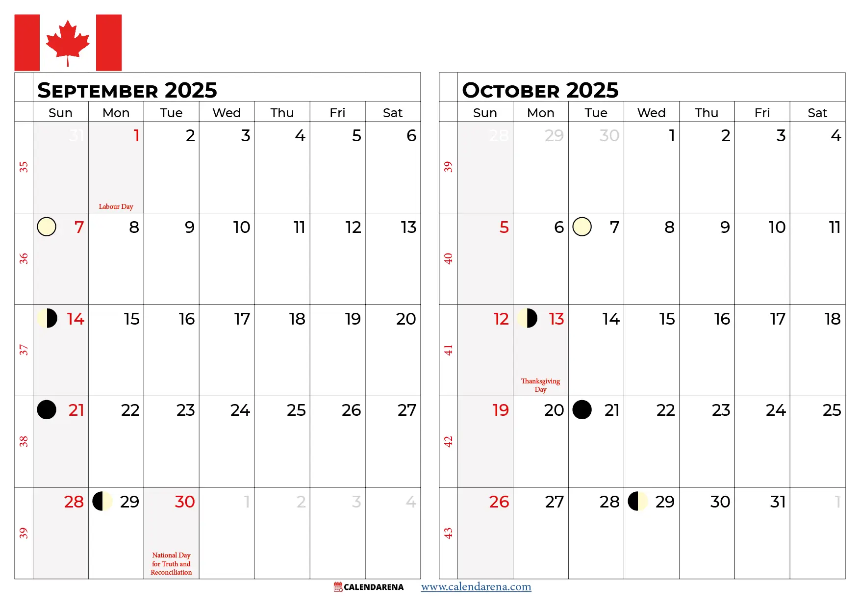 September October 2025 Calendar Canada