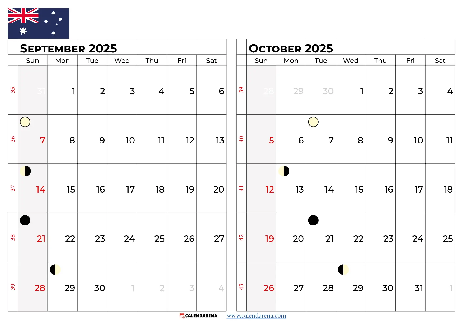 September October Calendar 2025 Australia