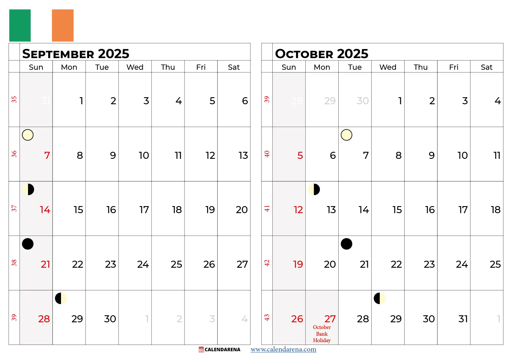 September October Calendar 2025 Ireland